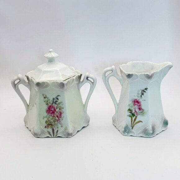 Antique Bavarian Porcelain Floral Gilded Creamer Sugar Set - Picture 11 of 11